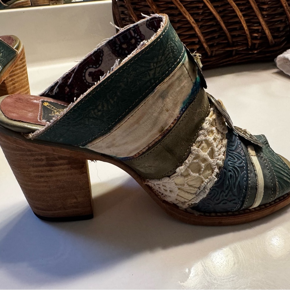 freebird Teal and Olive Embossed Leather Boho Open-Toe Mules - Picture 7 of 9